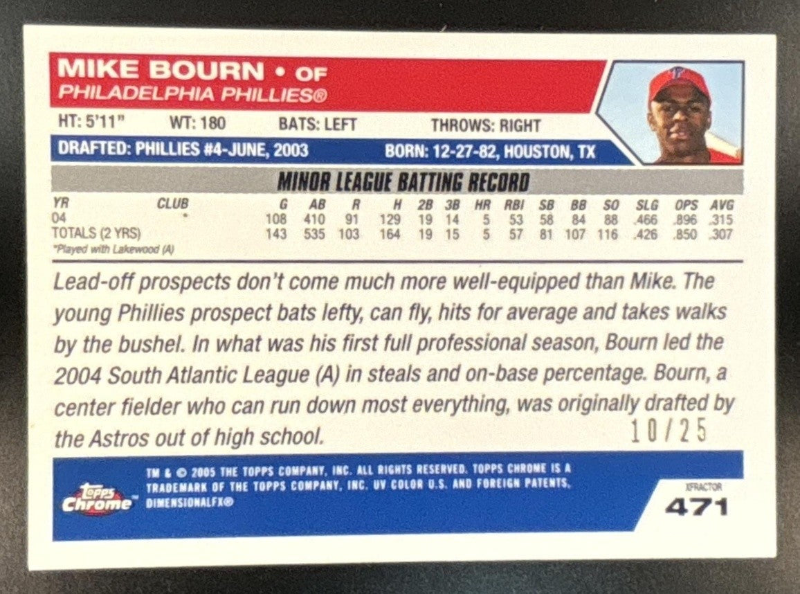 2005 Topps Chrome Mike Bourn Red X Fractors /25 #471 RC Philadelphia Phillies - Sports Cards