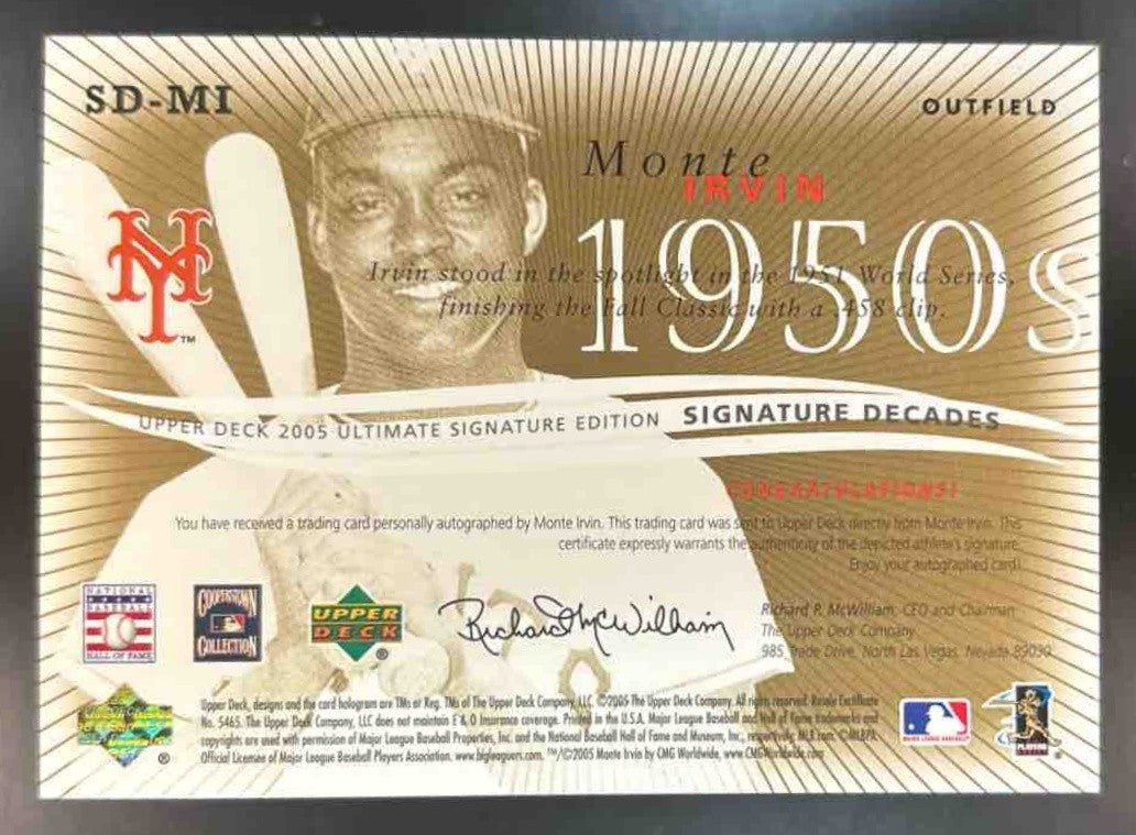 2005 Upper Deck Ultimate Signature Edition Monte Irvin Decades #SD-MI Auto - Sports Cards