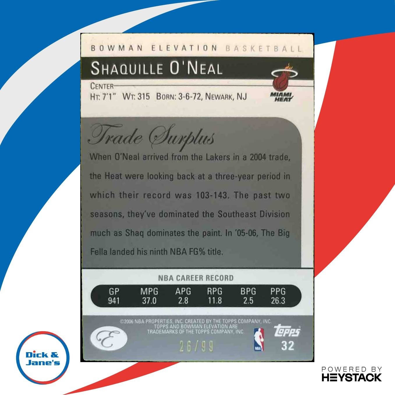 2006-07 Bowman Elevation Shaquille O’Neal Gold /99 #32 Miami Heat - Sports Cards