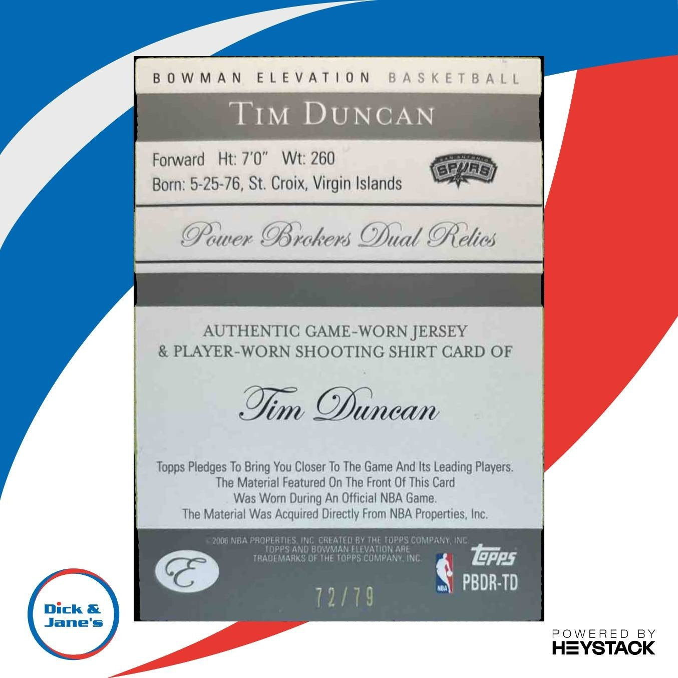 2006-07 Bowman Elevation Tim Duncan Power Brokers Relics Dual /79 MEM Spurs - Sports Cards