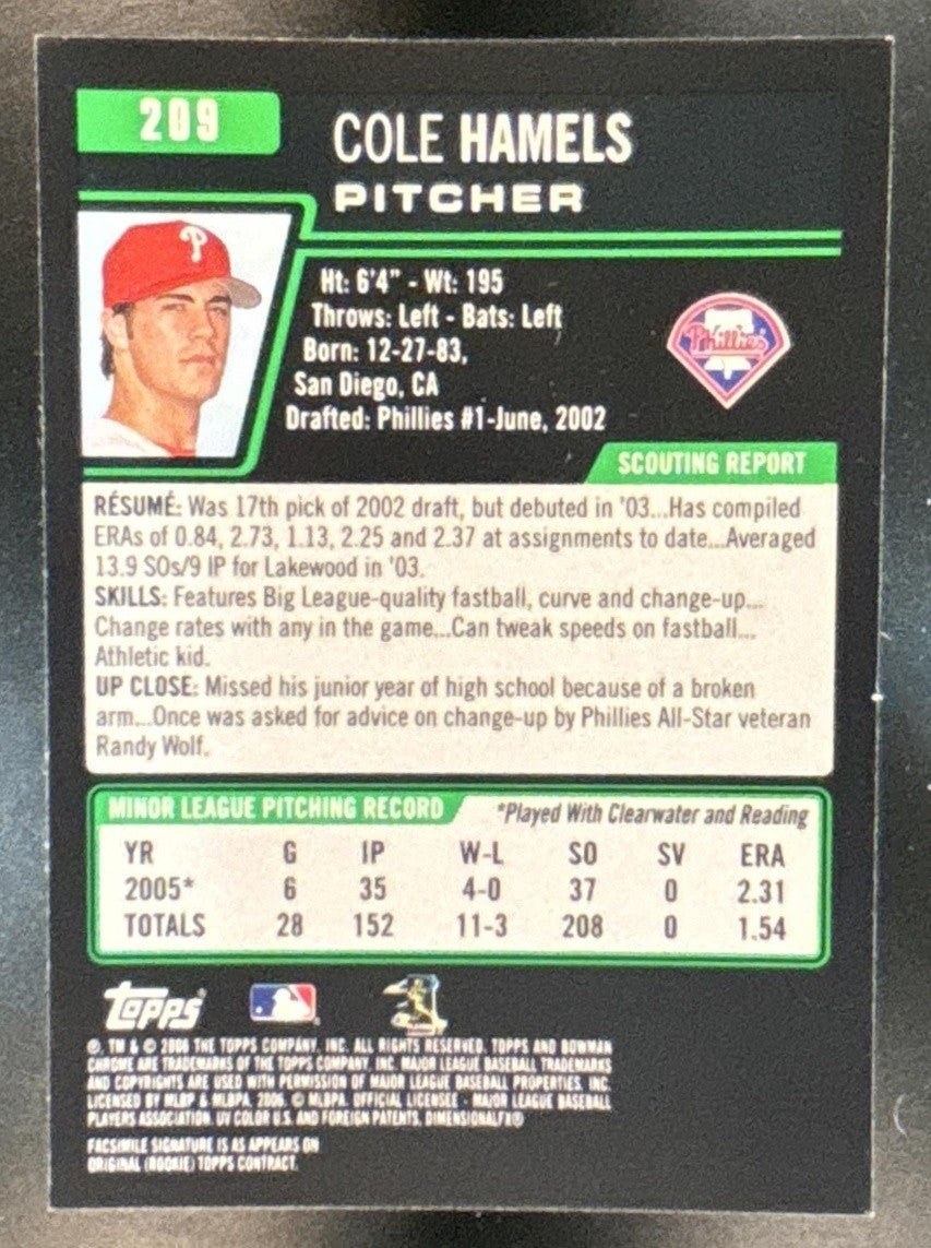 2006 Bowman Chrome Cole Hamels #209 Philadelphia Phillies - Sports Cards