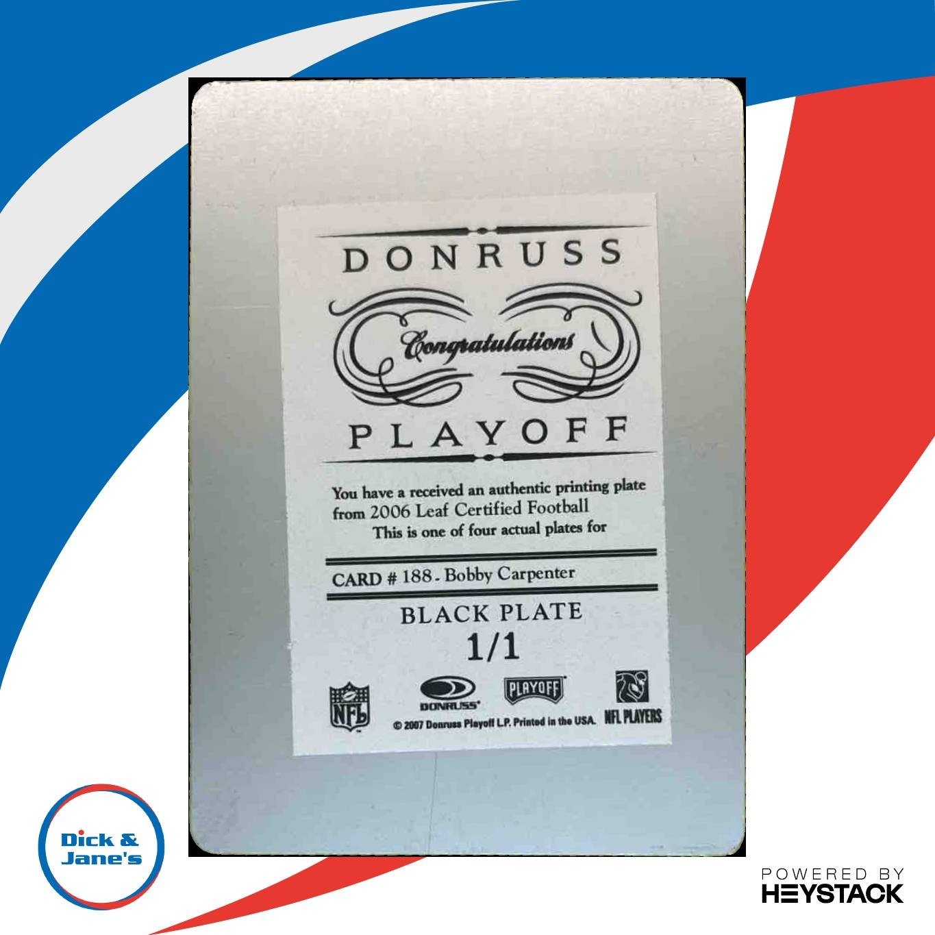 2006 Leaf Certified Bobby Carpenter Printing Plates Black 1/1 #188 RC Cowboys - Sports Cards