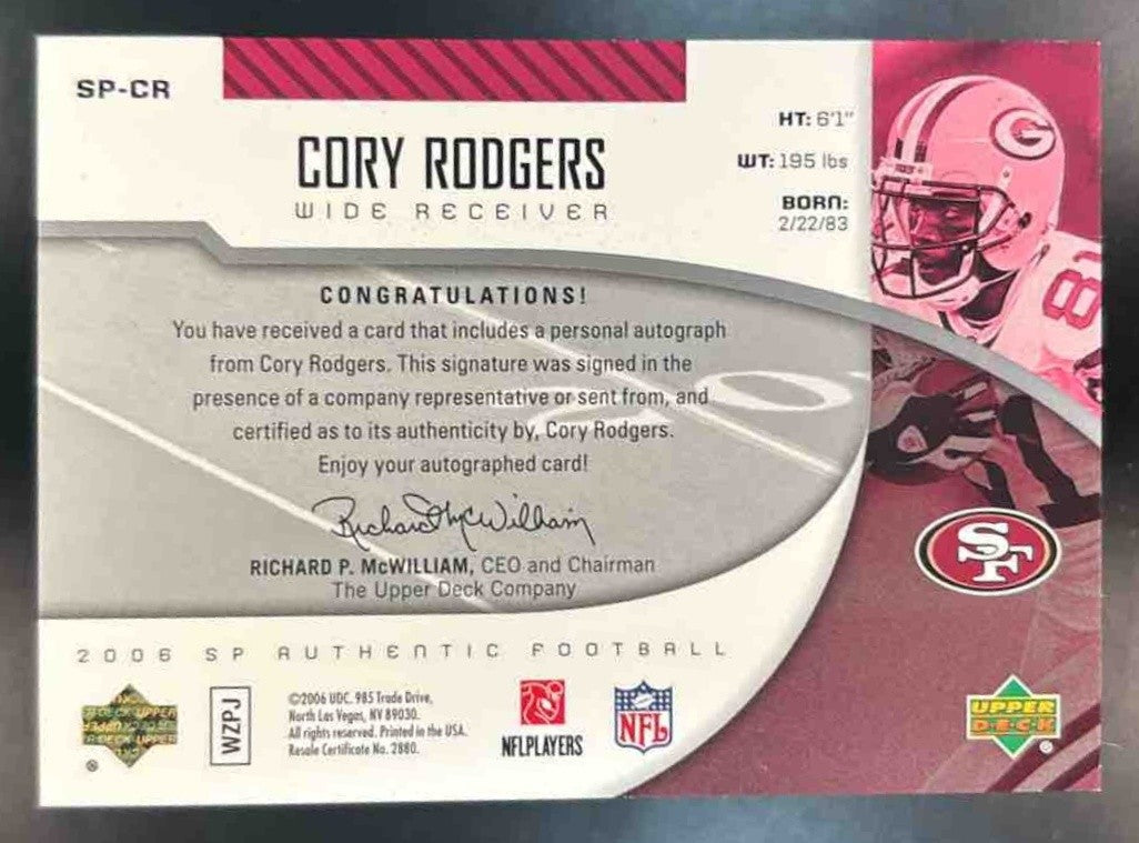 2006 SP Authentic Cory Rodgers Auto #SP-CR RC San Francisco 49ers - Sports Cards