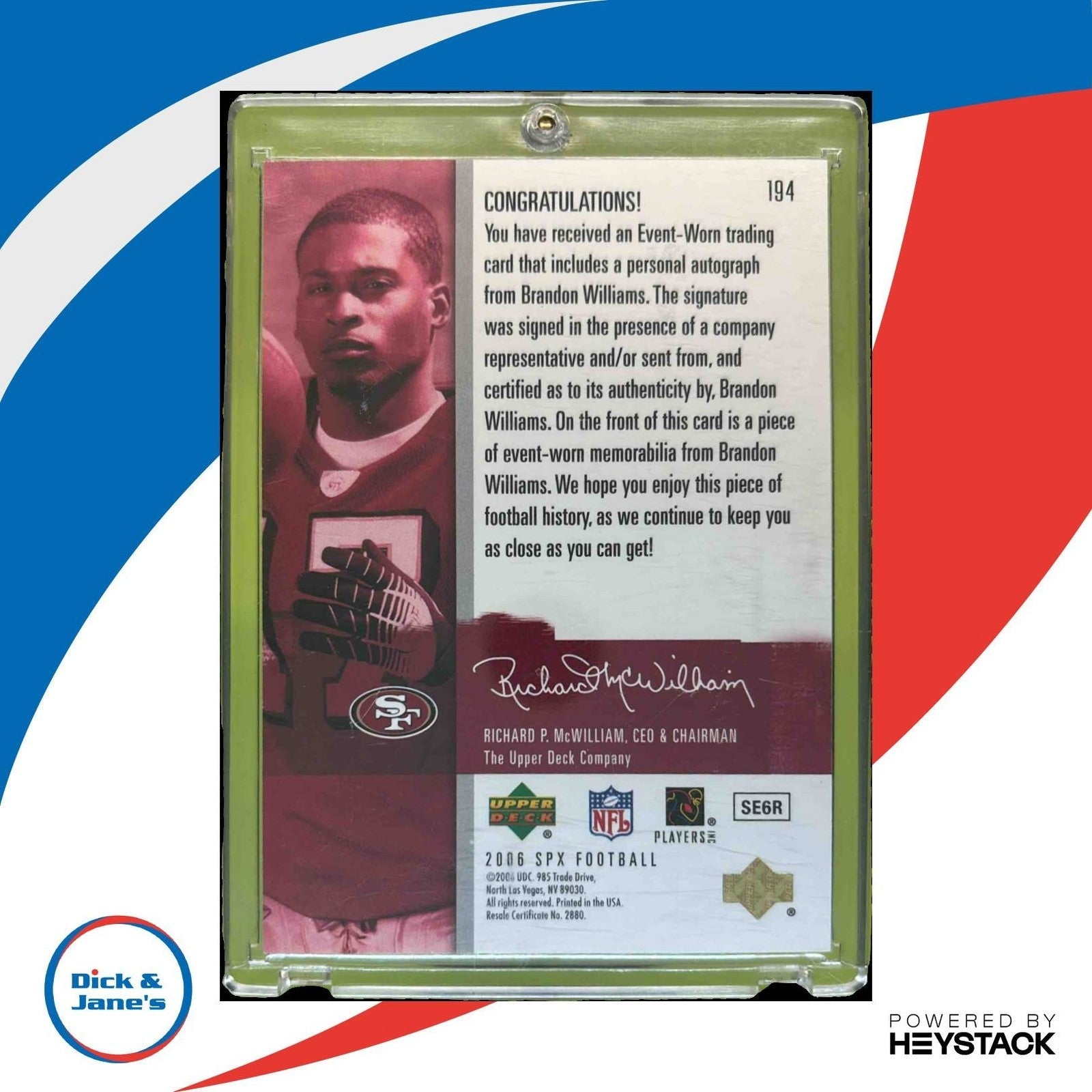 2006 SPx Brandon Williams /1650 #194 MEM Auto RC San Francisco 49ers - Sports Cards