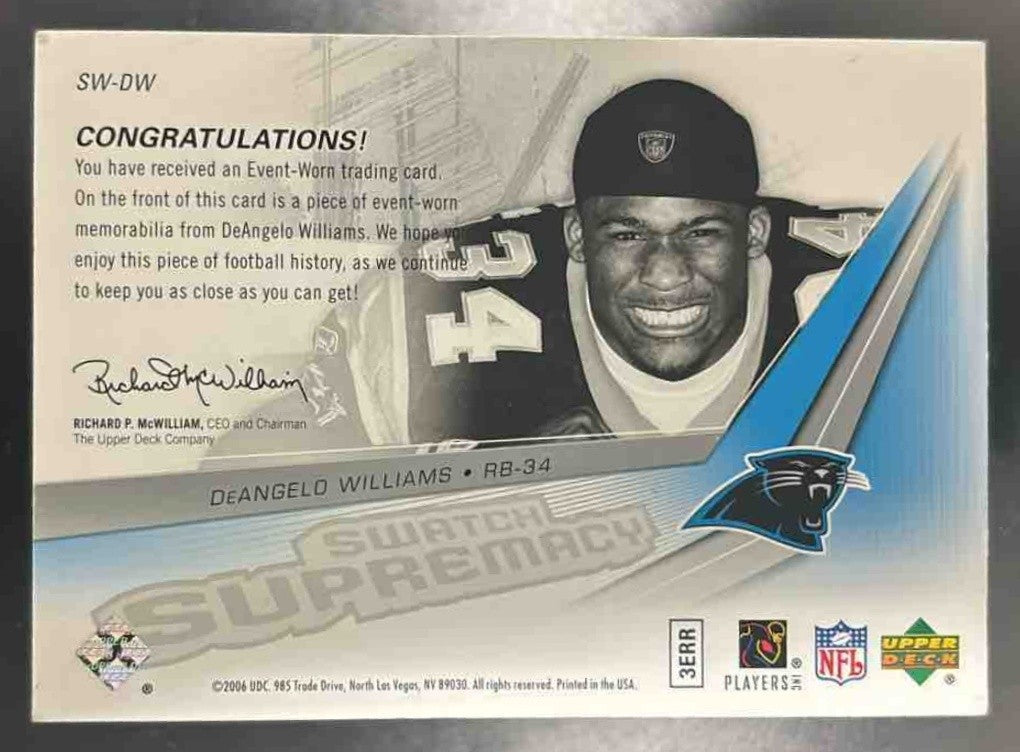 2006 SPx DeAngelo Williams Rookie Swatch Supremacy MEM RC Carolina Panthers - Sports Cards