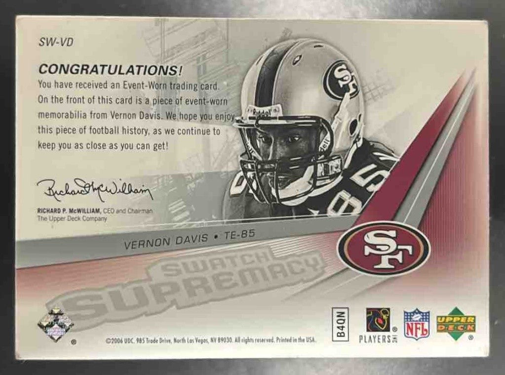 2006 SPx Vernon Davis Rookie Swatch Supremacy #SW-VD MEM RC San Francisco 49ers - Sports Cards