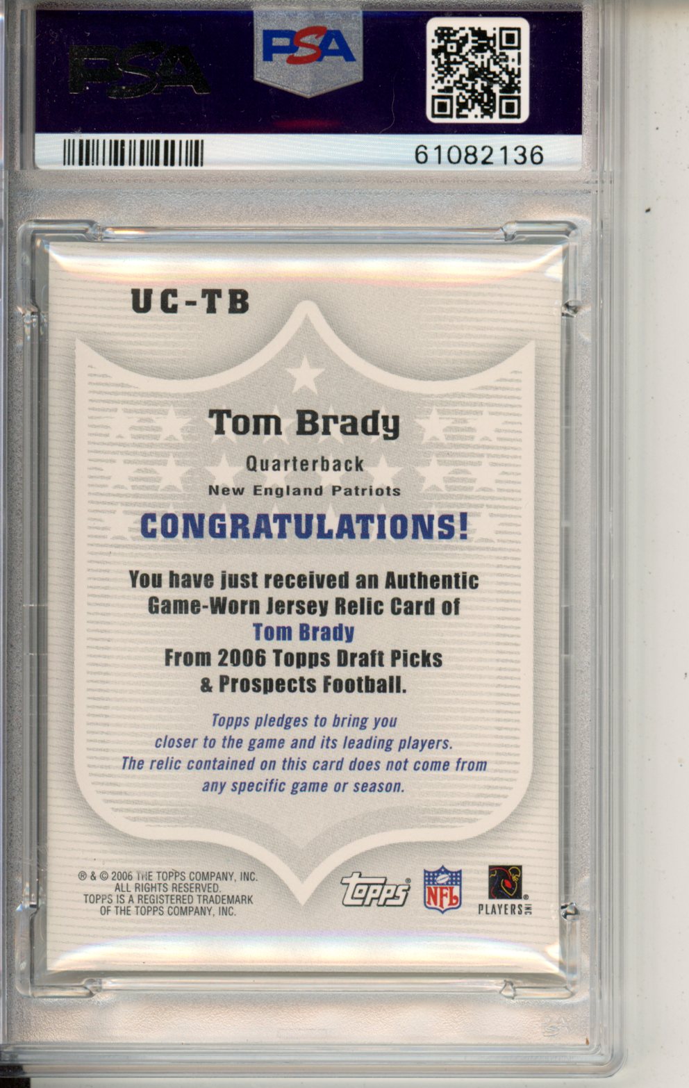 2006 Topps Draft Picks Prospects Upperclassmen Game Used Jersey Tom Brady PSA 10 Graded Sports Cards
