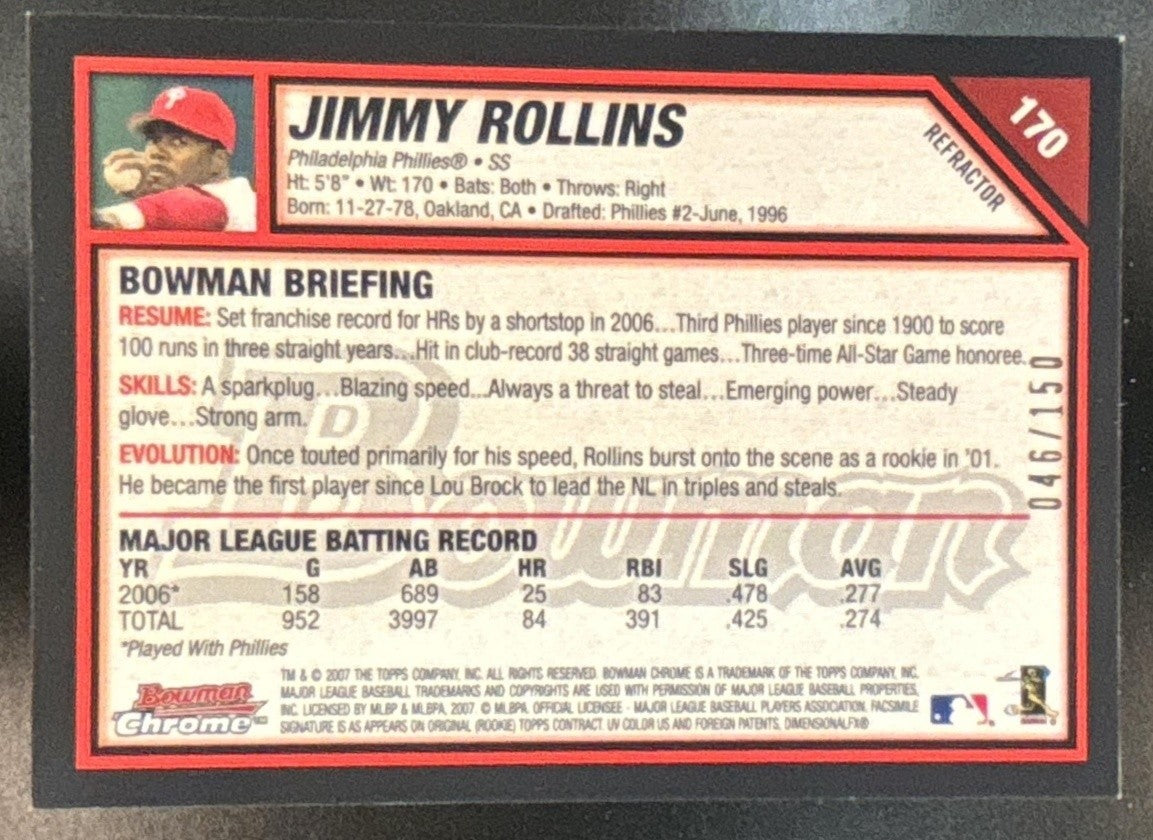 2007 Bowman Chrome Jimmy Rollins Blue Refractor /150 #170 Philadelphia Phillies - Sports Cards