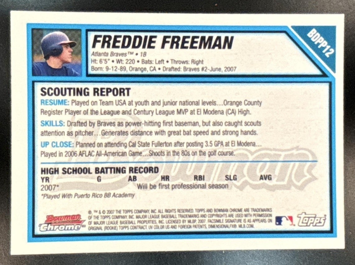 2007 Bowman Draft Picks & Prospects Freddie Freeman Chrome #BDPP12 Braves - Sports Cards