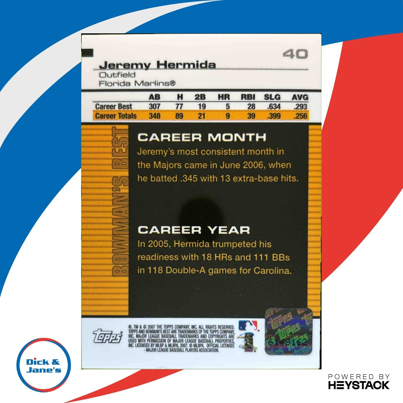 2007 Bowman ’s Best Jeremy Hermida #40 Auto - Sports Cards