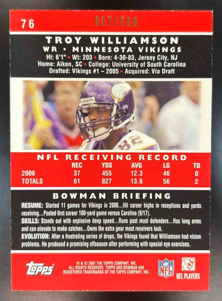 2007 Bowman Troy Williamson Blue /500 #76 Minnesota Vikings - Sports Cards