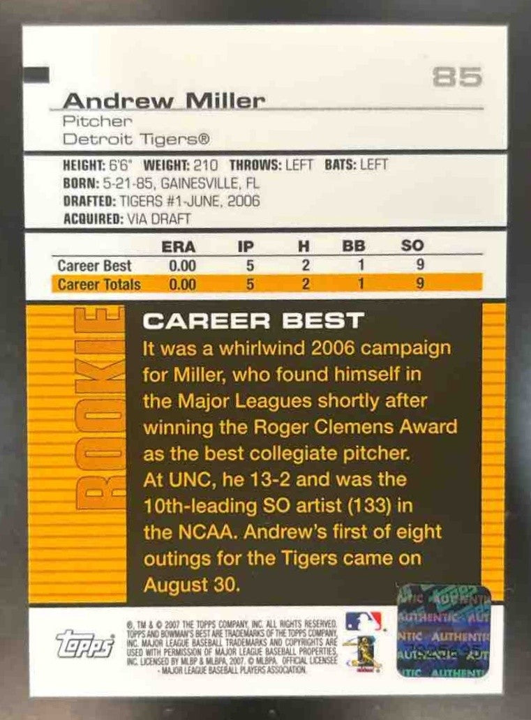 2007 Bowman’s Best Andrew Miller #85 Auto RC Detroit Tigers - Sports Cards