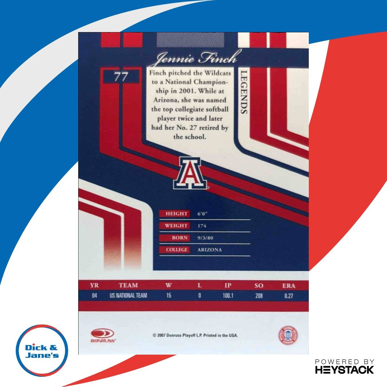 2007 Donruss Elite Extra Edition Jennie Finch #77 Arizona Wildcats - Sports Cards