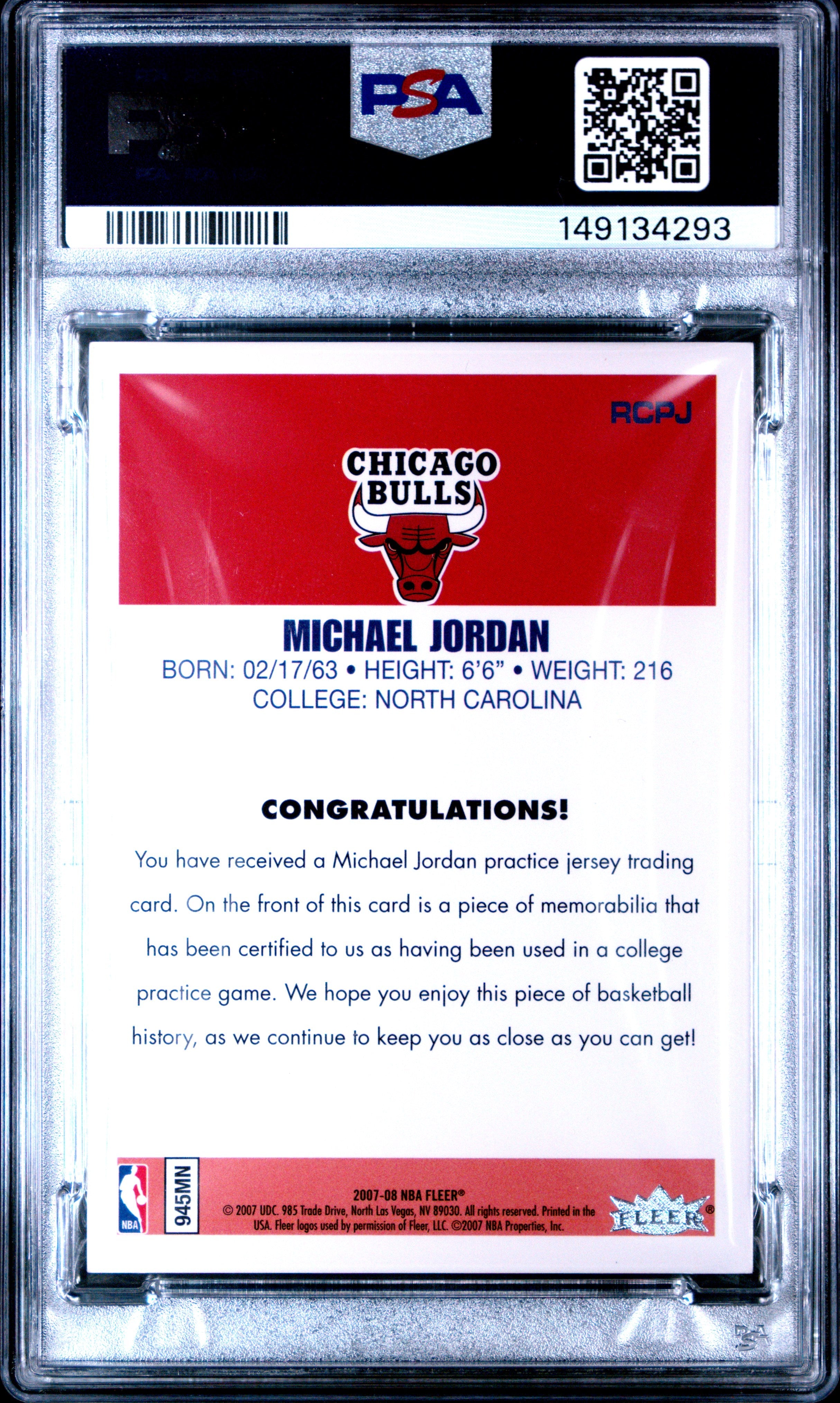 2007 Fleer Jordan Rookie Reprint Michael Jordan RKE. Reprint Jersey White PSA 6 - Graded Sports Cards