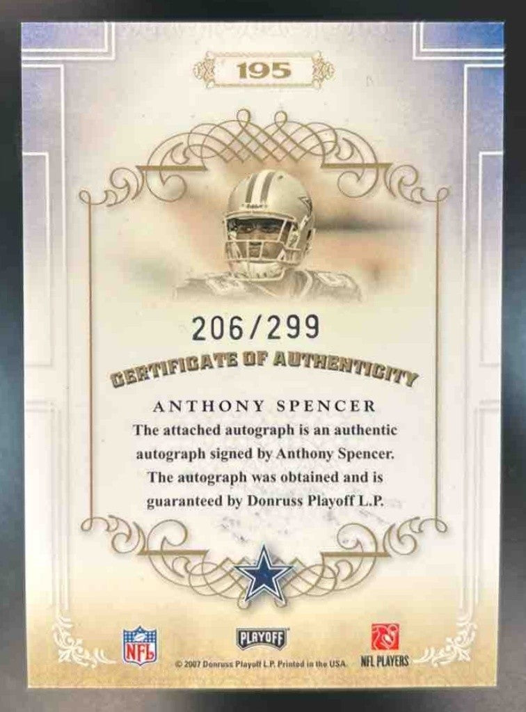 2007 Playoff National Treasures Anthony Spencer /299 #195 Auto RC Dallas Cowboy - Sports Cards