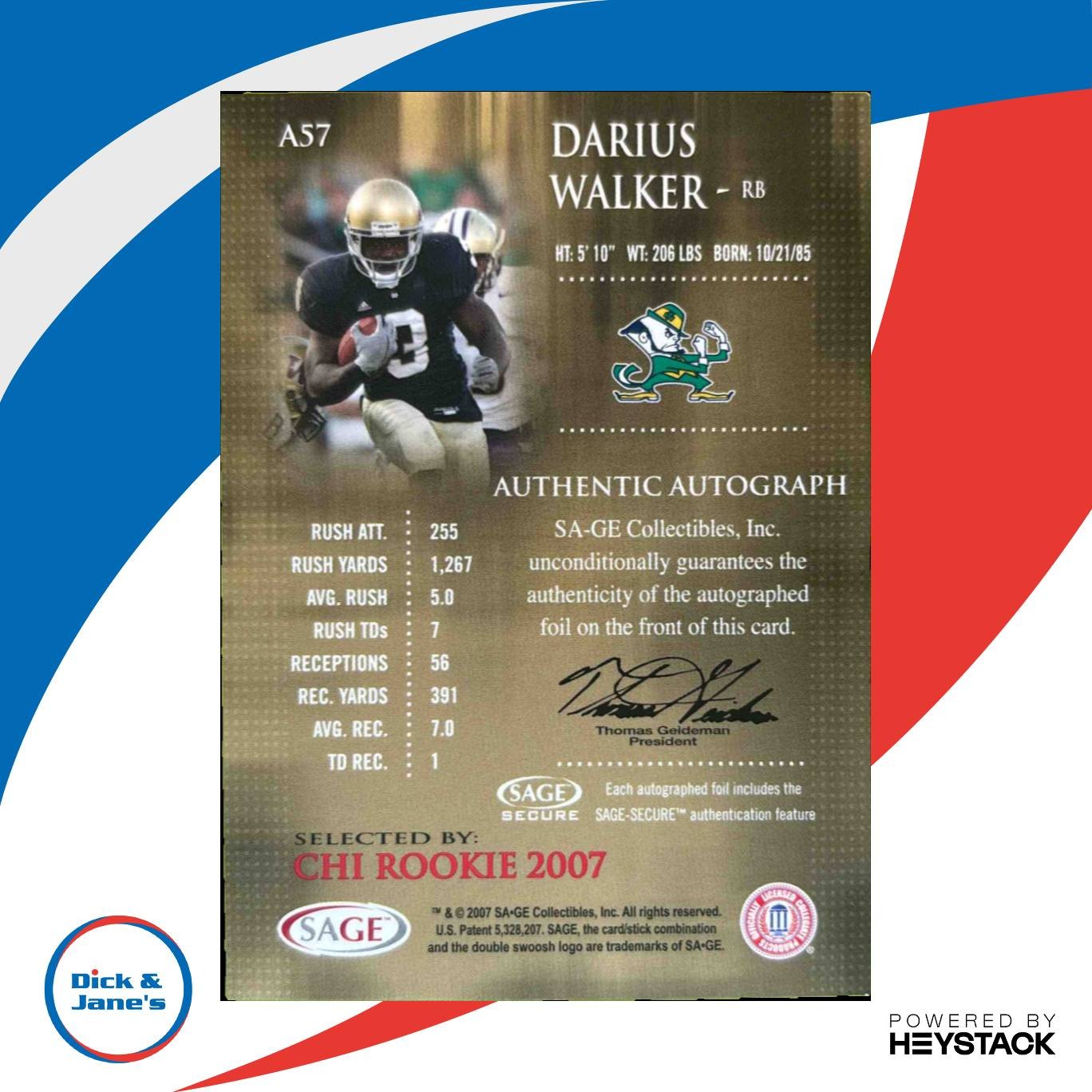 2007 SAGE Darius Walker Auto Silver /400 #A57 RC Notre Dame Fighting Irish - Sports Cards