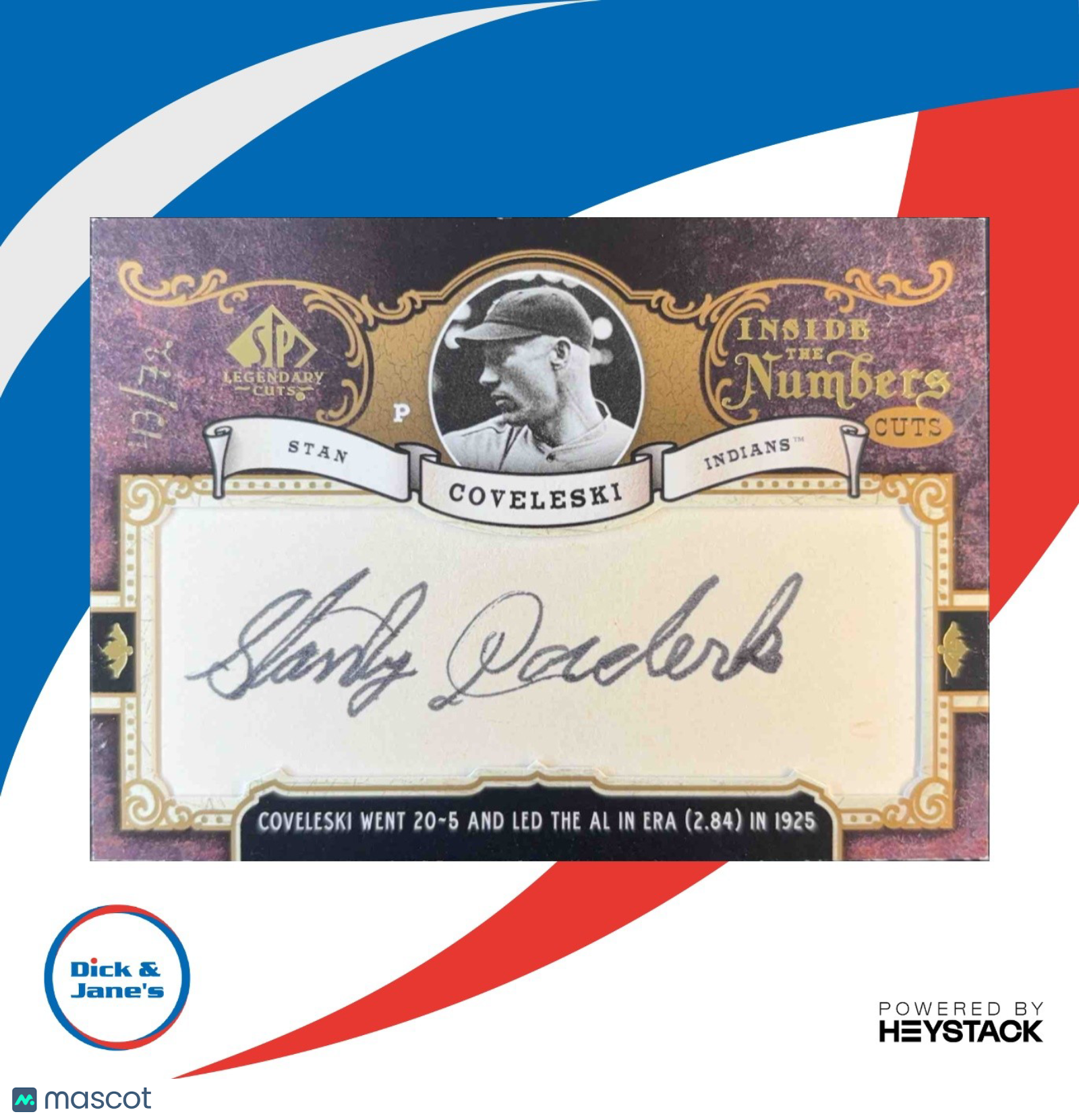 2007 SP Legendary Cuts Stan Coveleski Inside the Numbers 43/72 Auto Indians - Sports Cards