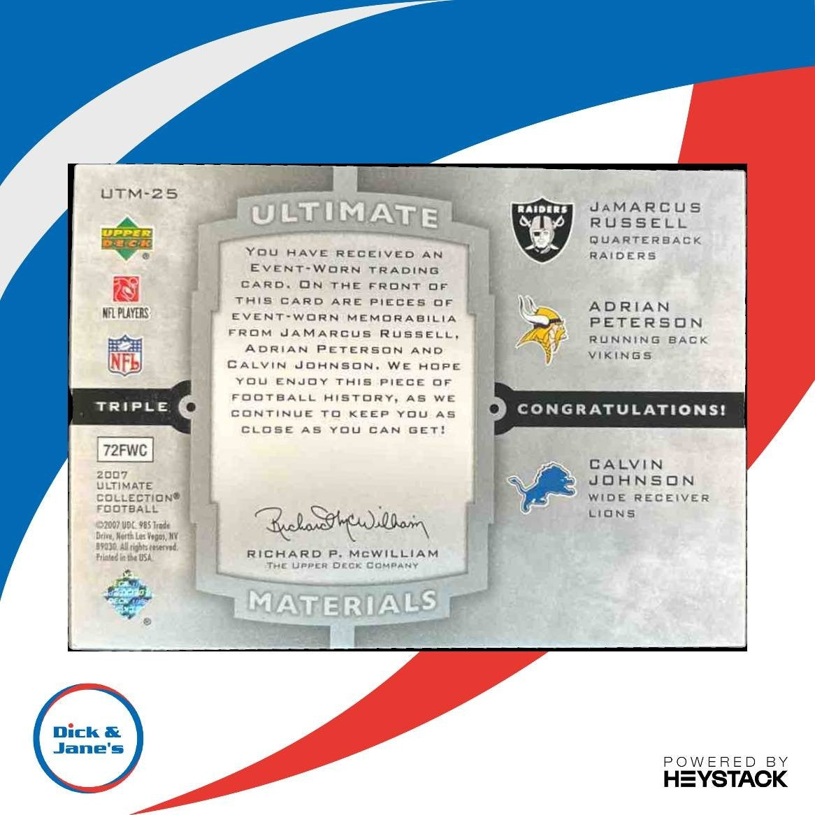 2007 UD Ultimate Collection Russell Adrian Peterson Calvin Johnsn TRI PATCH /50 - Sports Cards