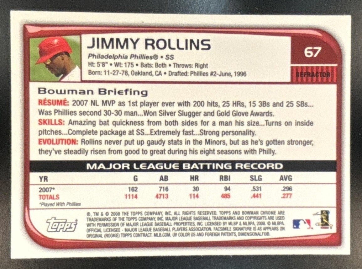 2008 Bowman Chrome Jimmy Rollins Refractor #67 Philadelphia Phillies - Sports Cards