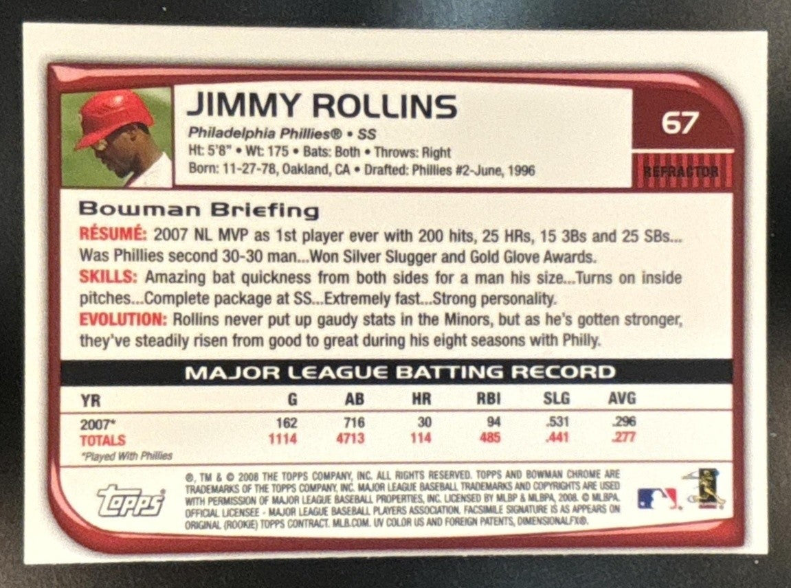 2008 Bowman Chrome Jimmy Rollins Refractor #67 Phillies - Sports Cards