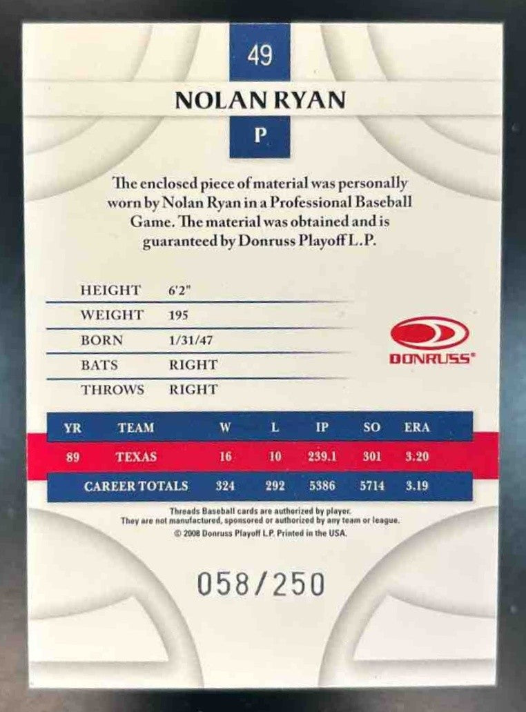 2008 Donruss Threads Nolan Ryan Diamond Kings Silver /250 #DK-49 Texas Rangers - Sports Cards