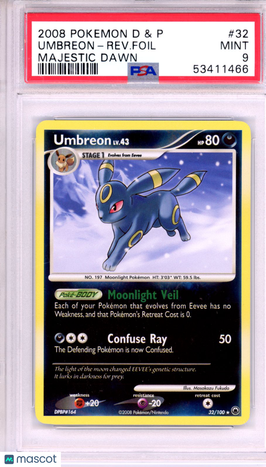 2008 Pokemon Diamond & Pearl Majestic Dawn Umbreon Reverse Foil #32 PSA 9 MINT - Graded TCG/CCG