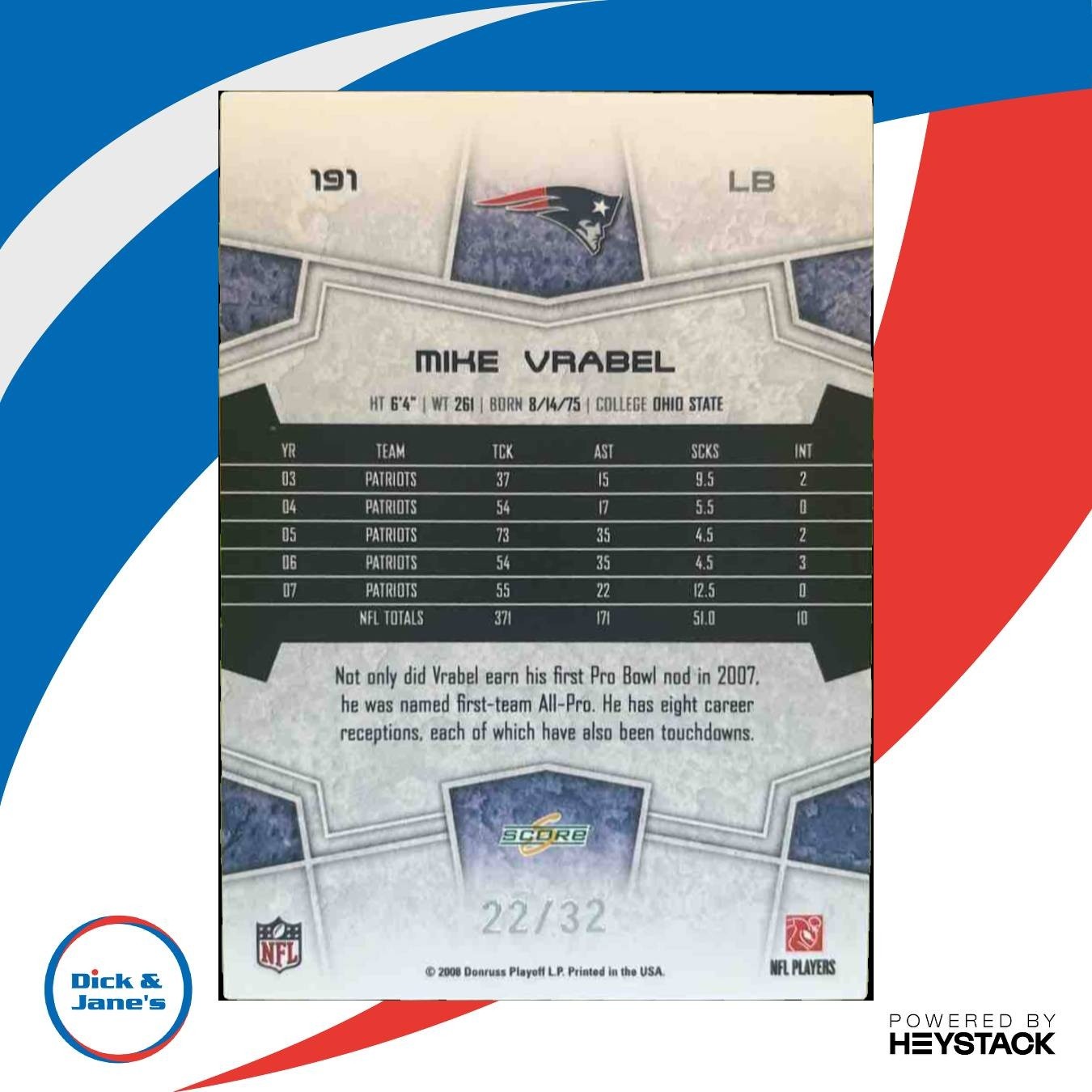 2008 Score Mike Vrabel Artist’s Proof 22/32 #191 New England Patriots - Sports Cards