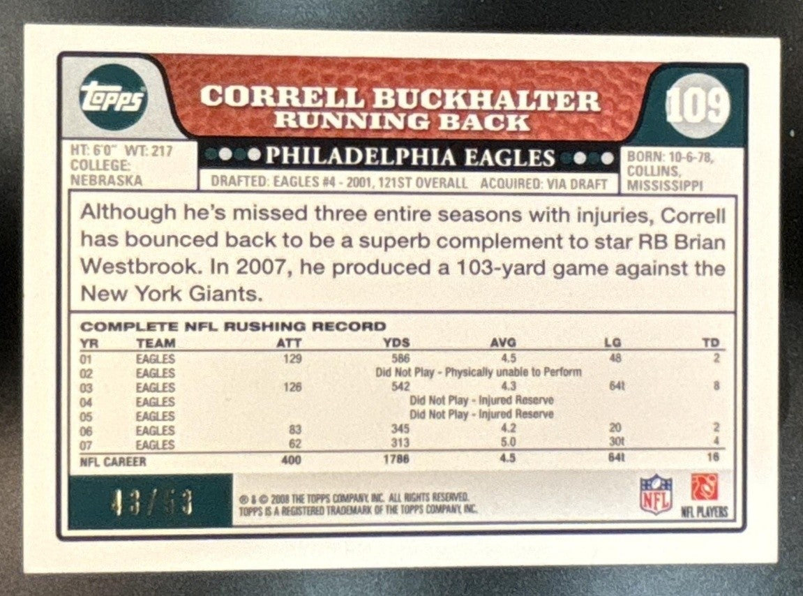 2008 Topps Correll Buckhalter Black /53 #109 Philadelphia Eagles - Sports Cards
