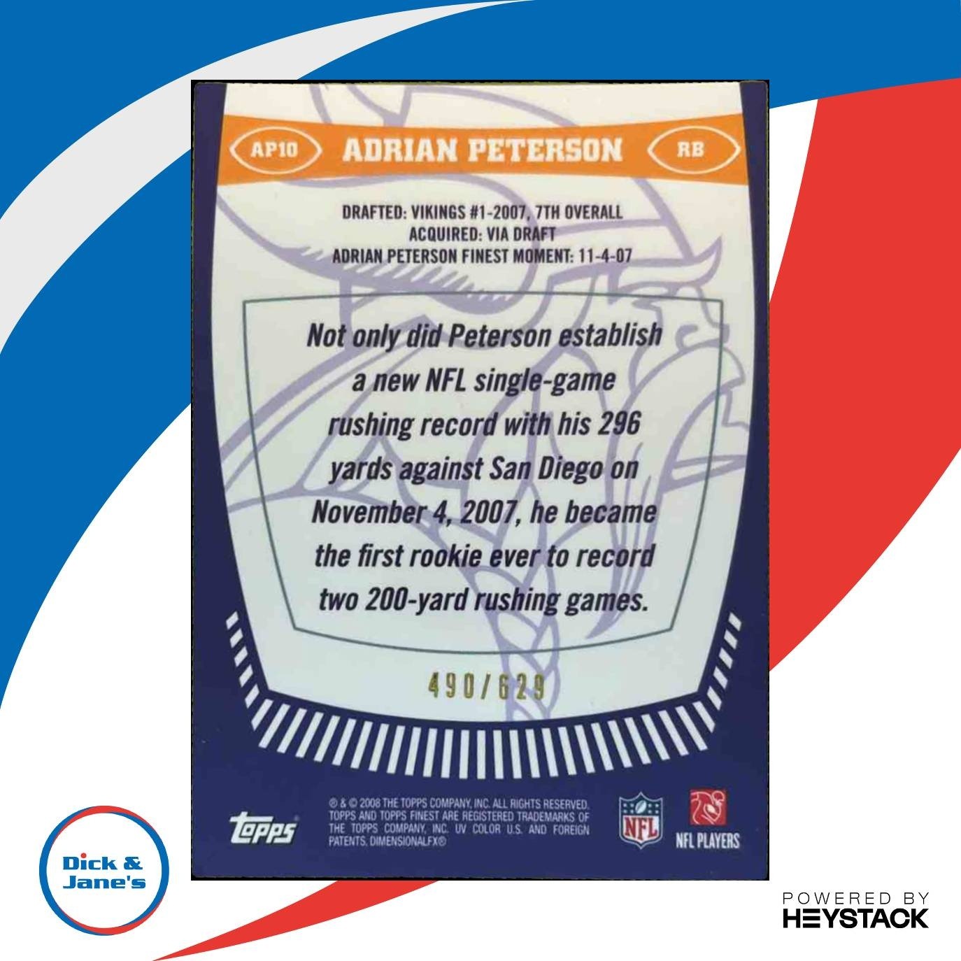 2008 Topps Finest Adrian Peterson Moments /629 #AP10 Minnesota Vikings - Sports Cards