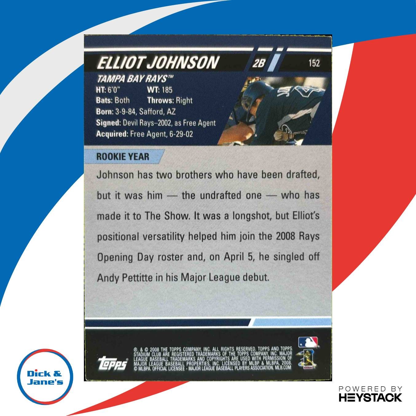 2008 Topps Stadium Club Elliot Johnson #152 Auto Tampa Bay Rays - Sports Cards