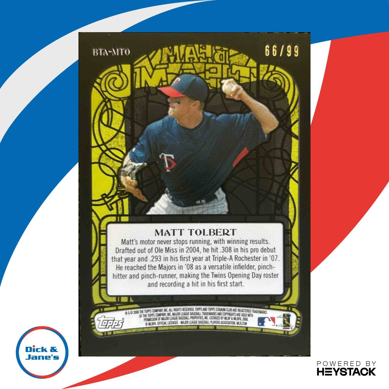 2008 Topps Stadium Club Matt Tolbert Beam Team Auto Black and White /99 RC Twins - Sports Cards