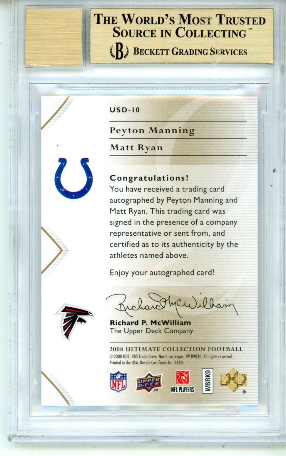 2008 Ultimate Collection Ultimate Signs Duals Matt Ryan Peyton Manning BGS 9.5 - Graded Sports Cards