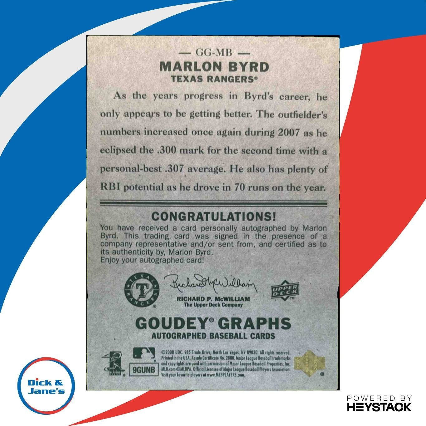 2008 Upper Deck Goudey Marlon Byrd Auto #GG-MB Texas Rangers - Sports Cards