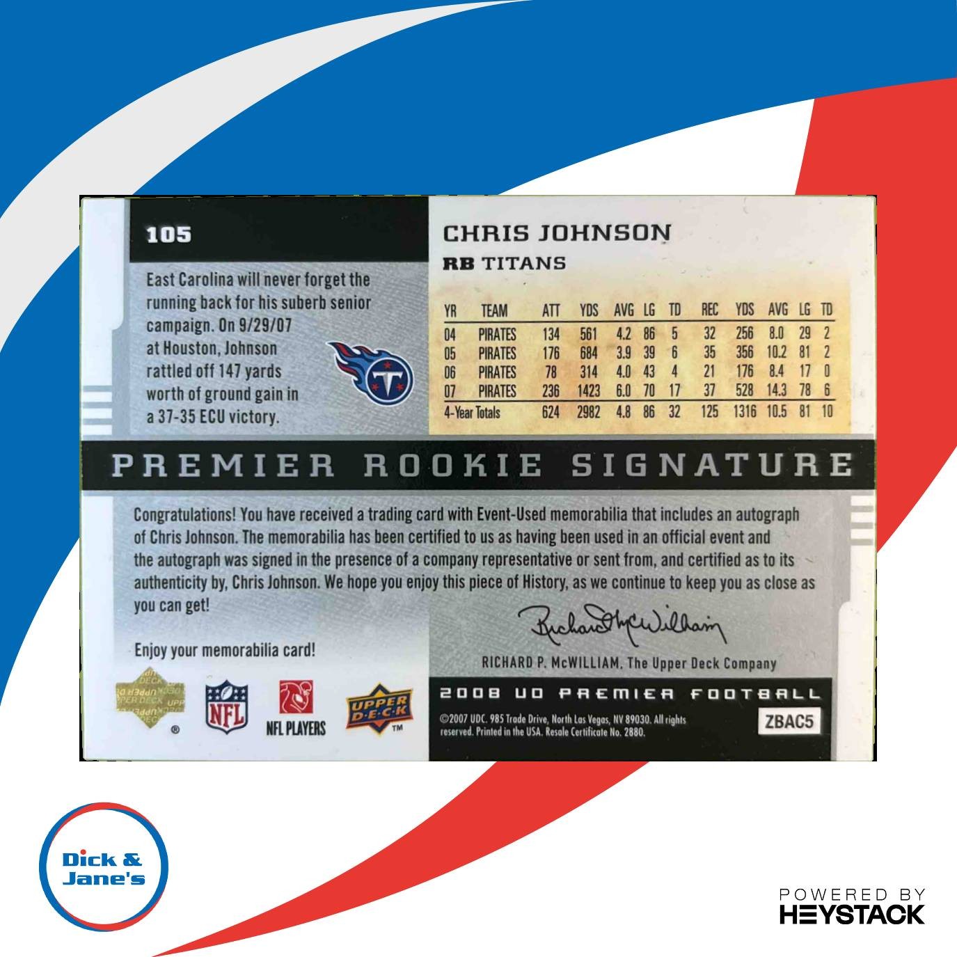 2008 Upper Deck Premier Chris Johnson Rookie Auto Jerseys /60 #105 RC Tennessee - Sports Cards