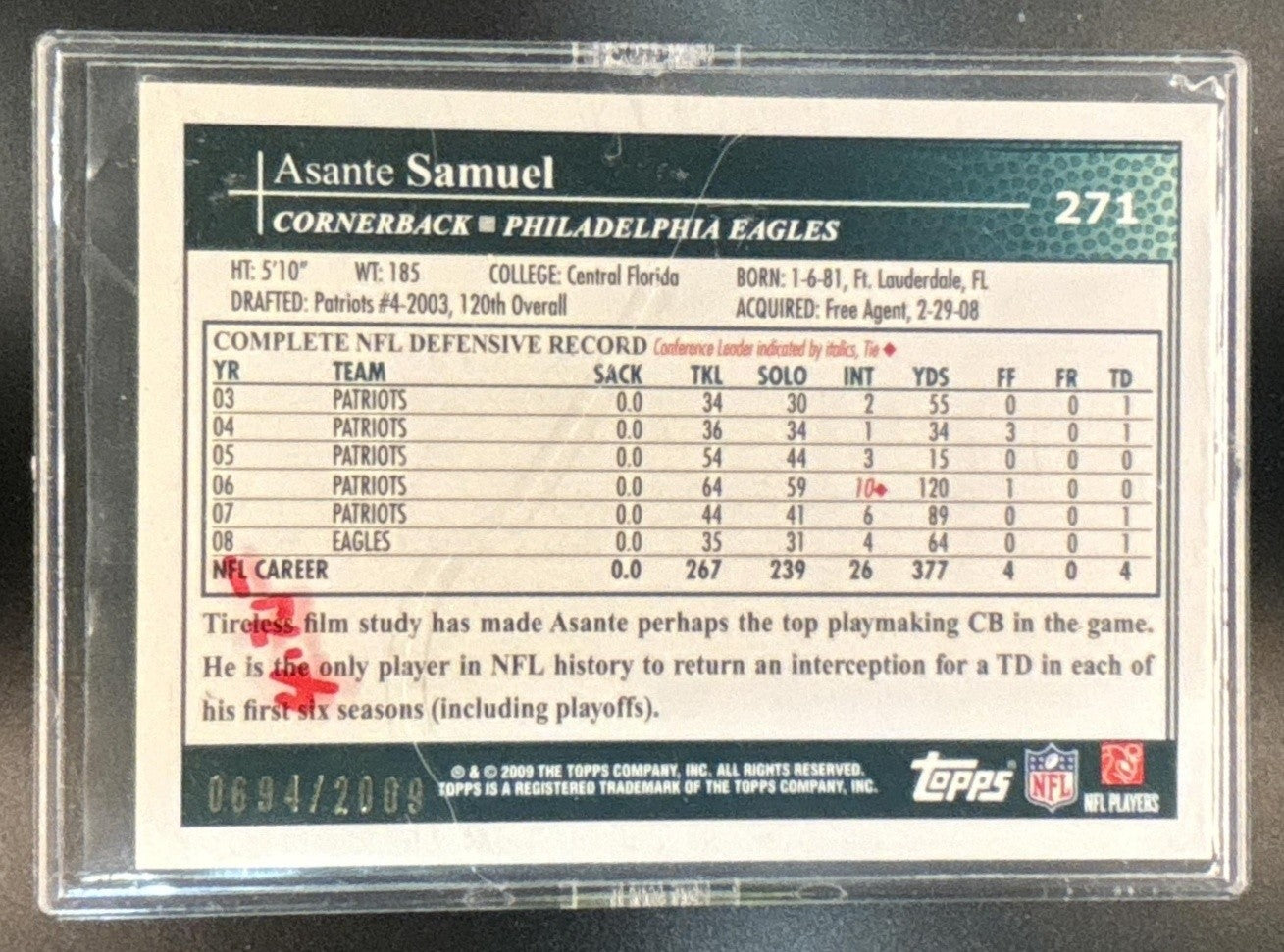 2009 Topps Asante Samuel Gold 694/2009 #271 Philadelphia Eagles - Sports Cards
