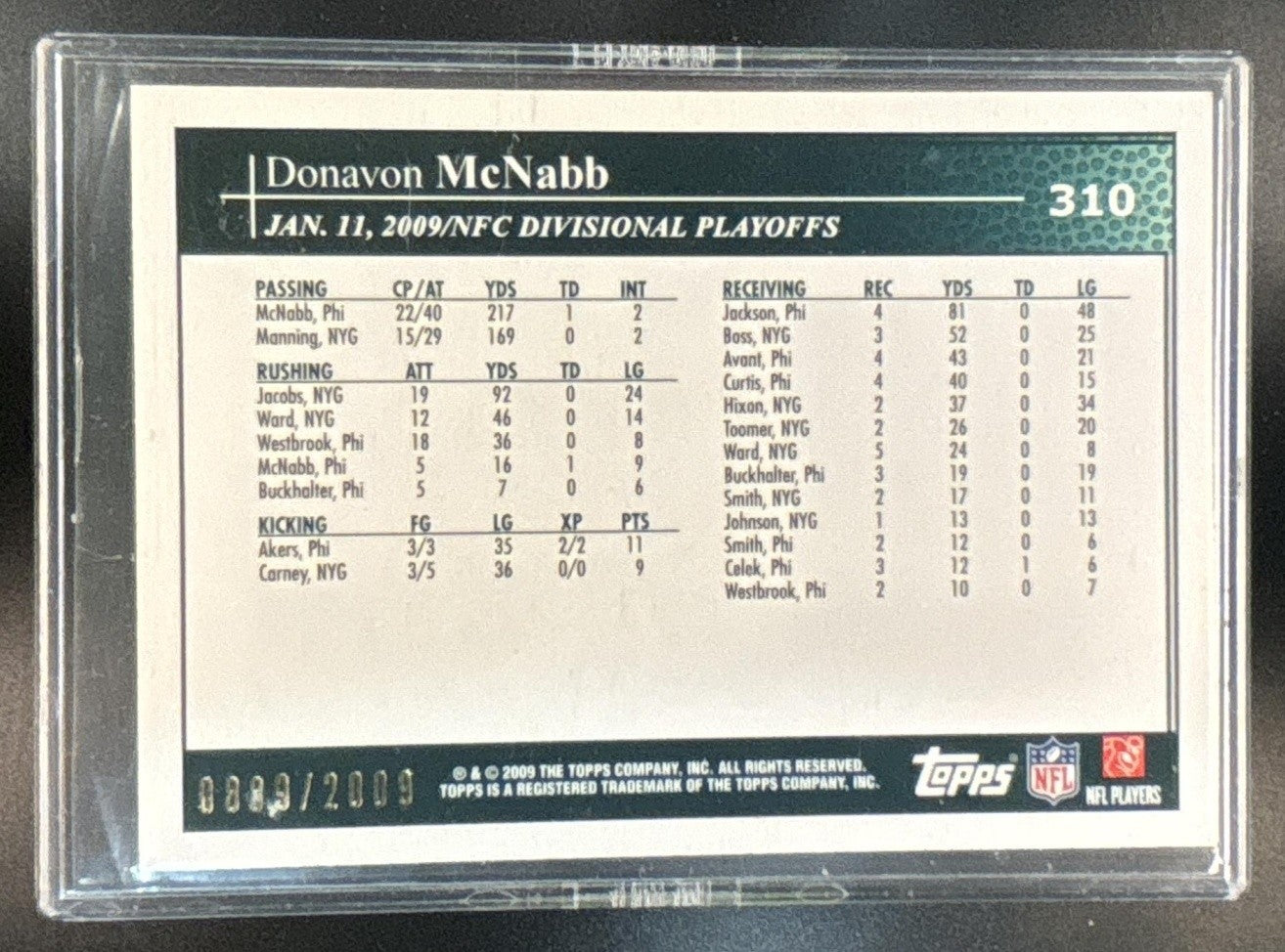 2009 Topps Donovan McNabb Gold /2009 #310 Philadelphia Eagles - Sports Cards