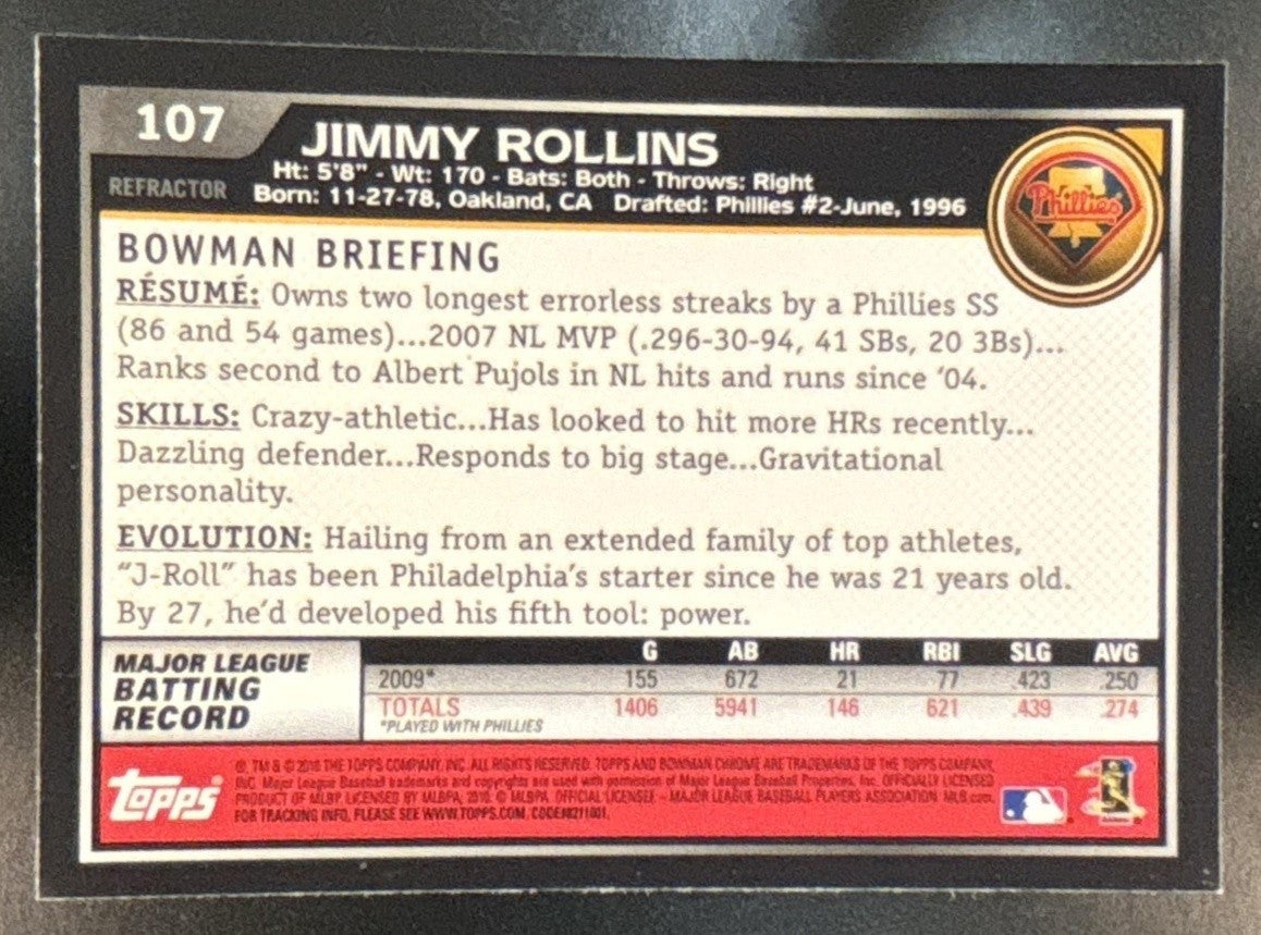 2010 Bowman Chrome Jimmy Rollins Refractor #107 Philadelphia Phillies - Sports Cards