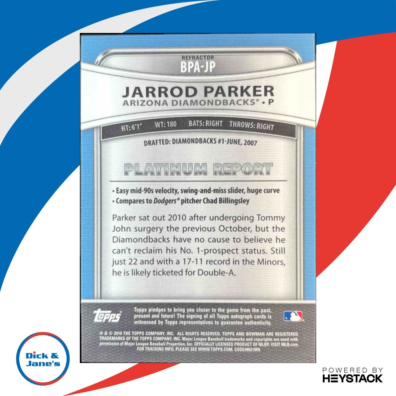 2010 Bowman Platinum Jarrod Parker Prospect Auto Refractor Arizona Diamondbacks - Sports Cards