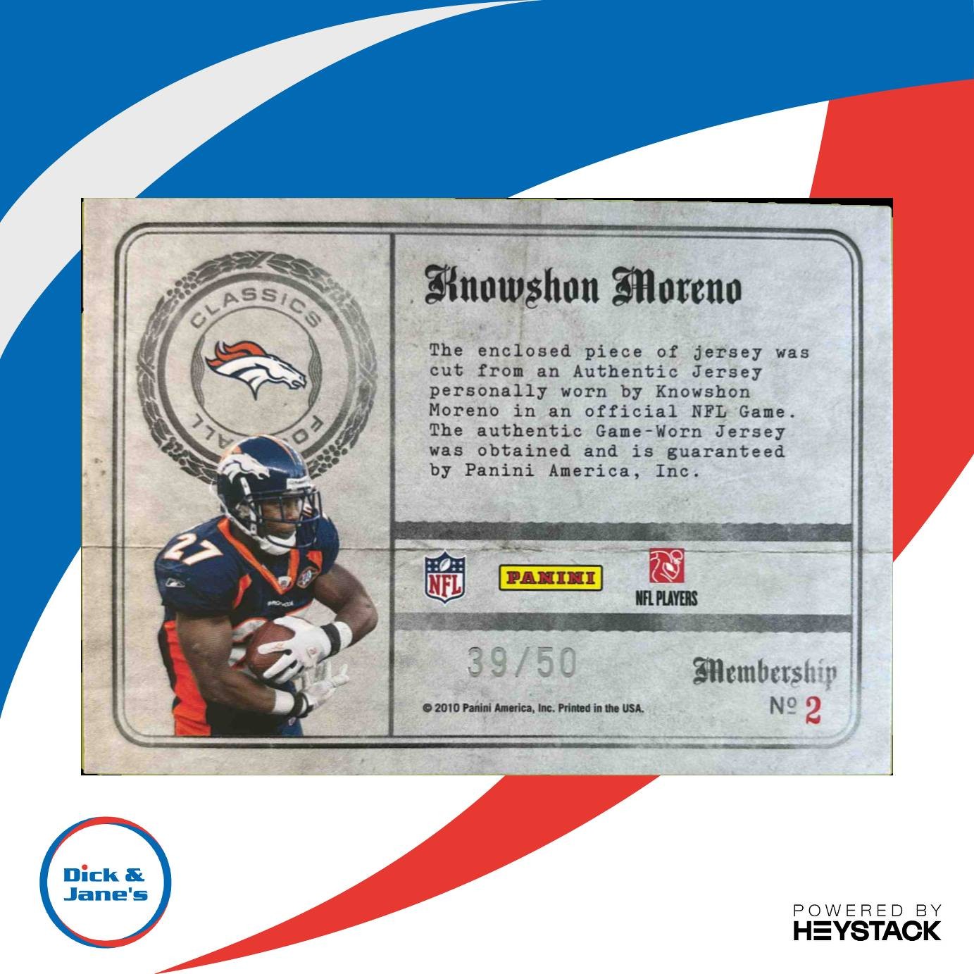 2010 Classics Knowshon Moreno Membership VIP Jerseys Prime Patch /50 #2 Denver - Sports Cards