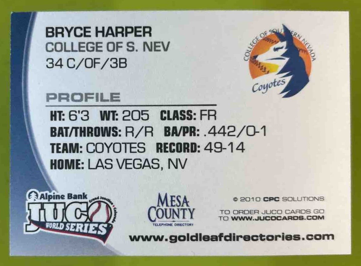 2010 Mesa County JUCO World Series Bryce Harper Washington Natoinals Rookie Card - Sports Cards