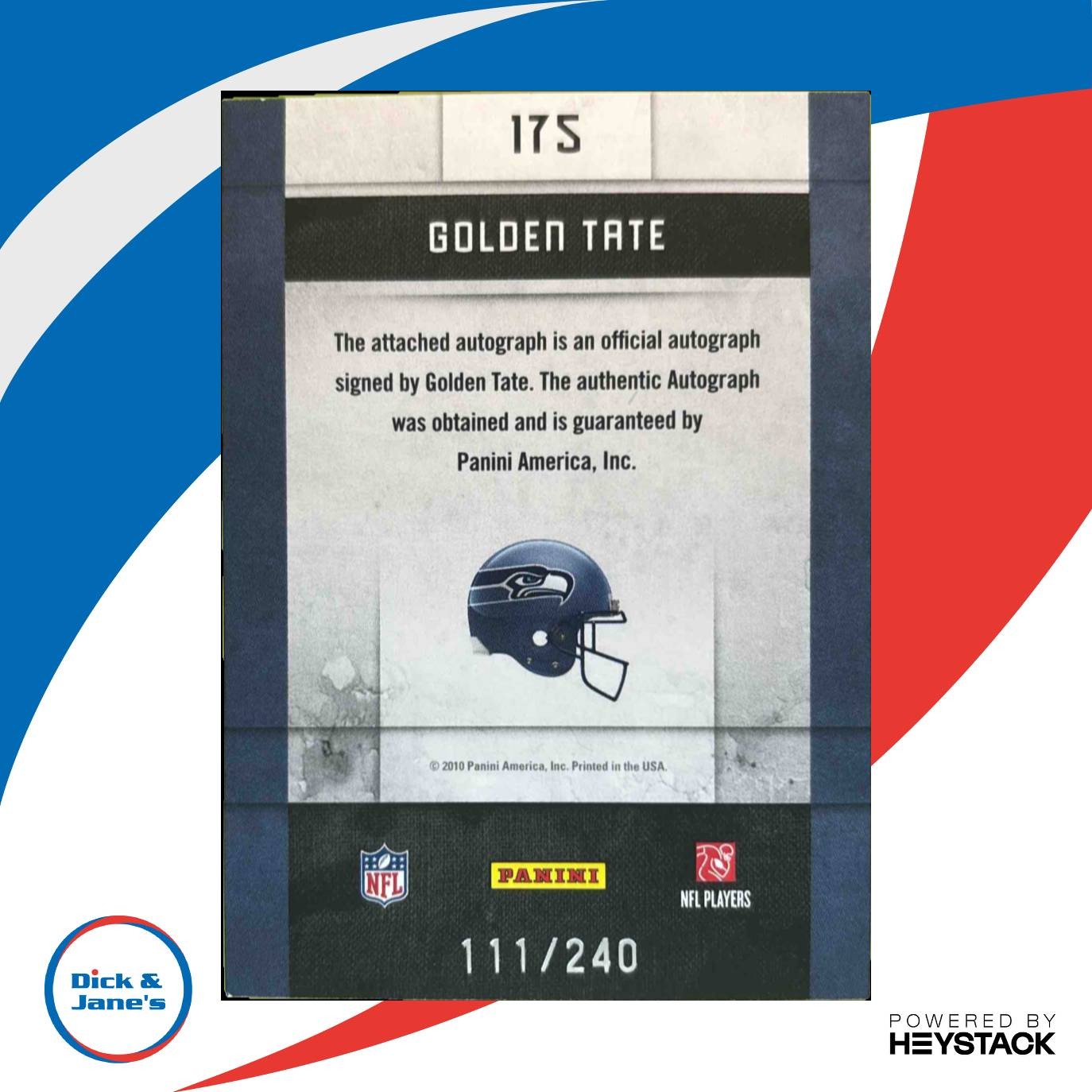2010 Panini Threads Golden Tate /240 #175 RC Auto Seattle Seahawks Letter ’T’ - Sports Cards
