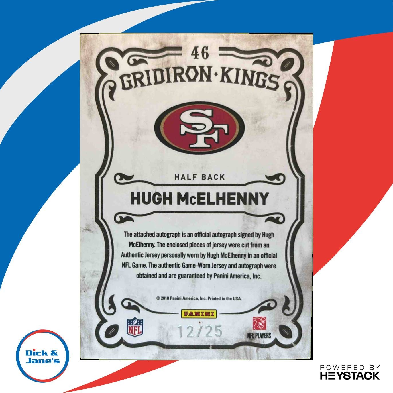 2010 Panini Threads Hugh McElhenny Gridiron Kings Materials Auto /25 #46 49ers - Sports Cards