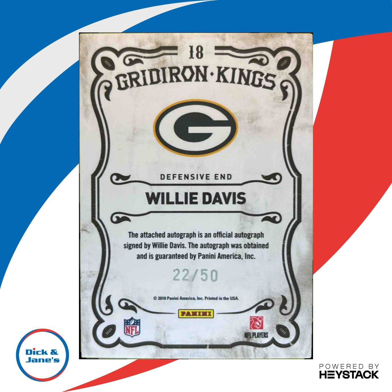 2010 Panini Threads Willie Davis Gridiron Kings Auto /50 #18 Green Bay Packers - Sports Cards