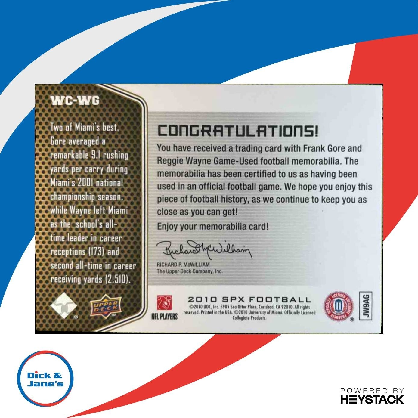 2010 SPx Frank Gore Reggie Wayne Winning Combos Dual Patch /25 Miami Hurricanes - Sports Cards