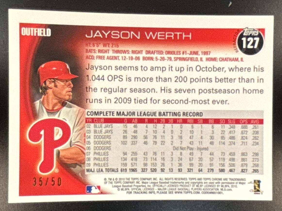 2010 Topps Chrome Jayson Werth Gold Refractor 35/50 #127 Philadelphia Phillies - Sports Cards
