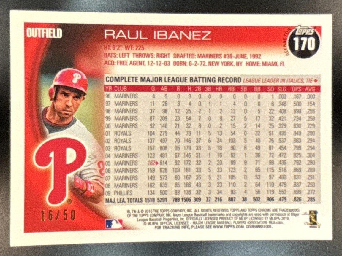 2010 Topps Chrome Raul Ibanez Gold Refractor /50 #170 Philadelphia Phillies - Sports Cards