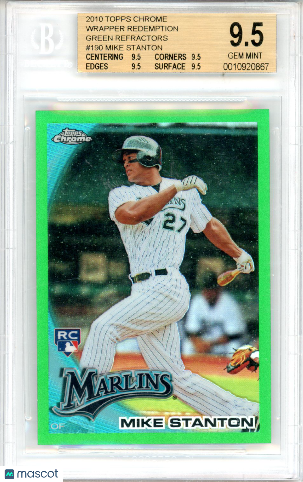 2010 Topps Chrome Wrapper Redemption Green Refractors Mike Stanton #190 BGS 9.5 - Graded Sports Cards