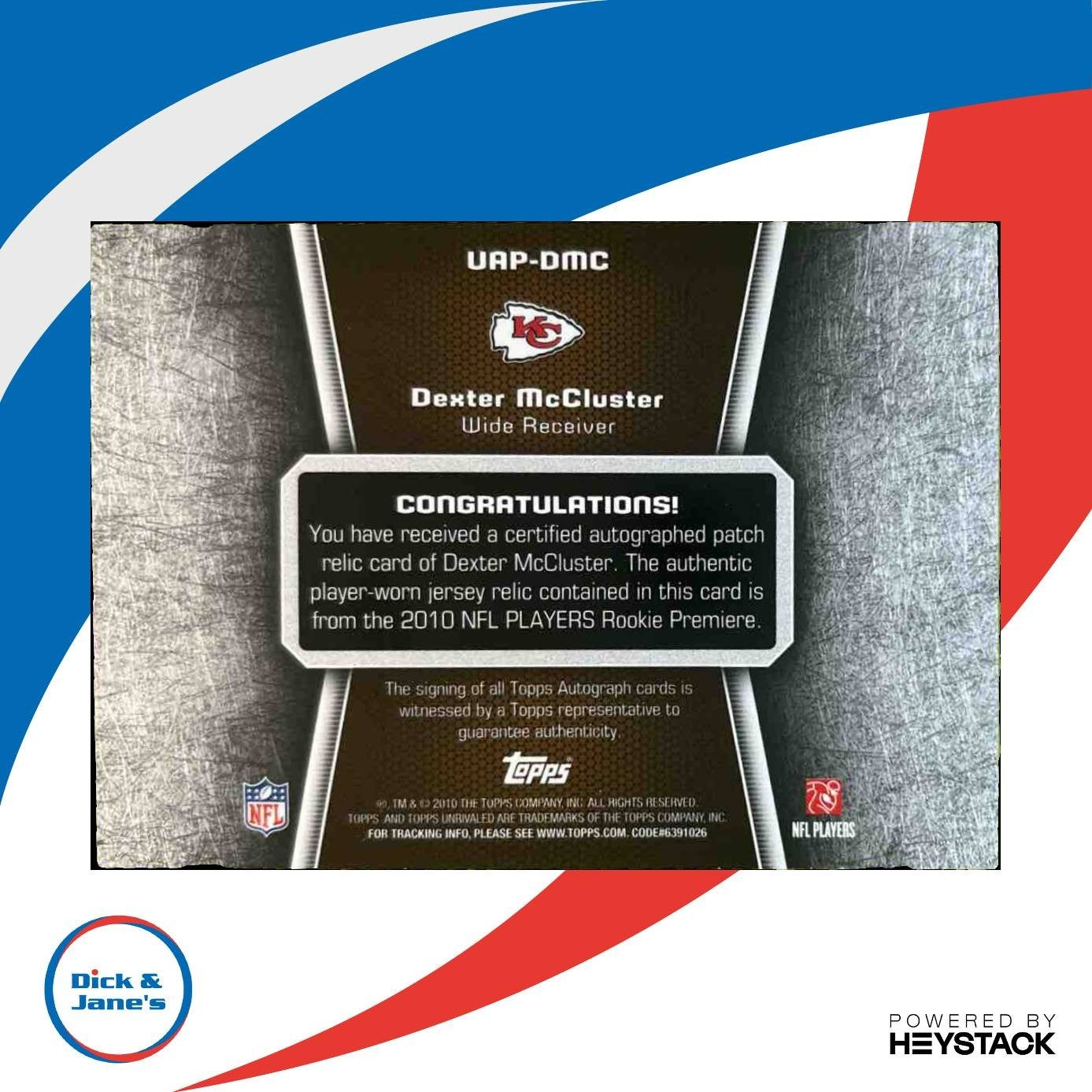 2010 Topps Unrivaled Dexter McCluster Auto Patch /349 RC Kansas City Chiefs - Sports Cards