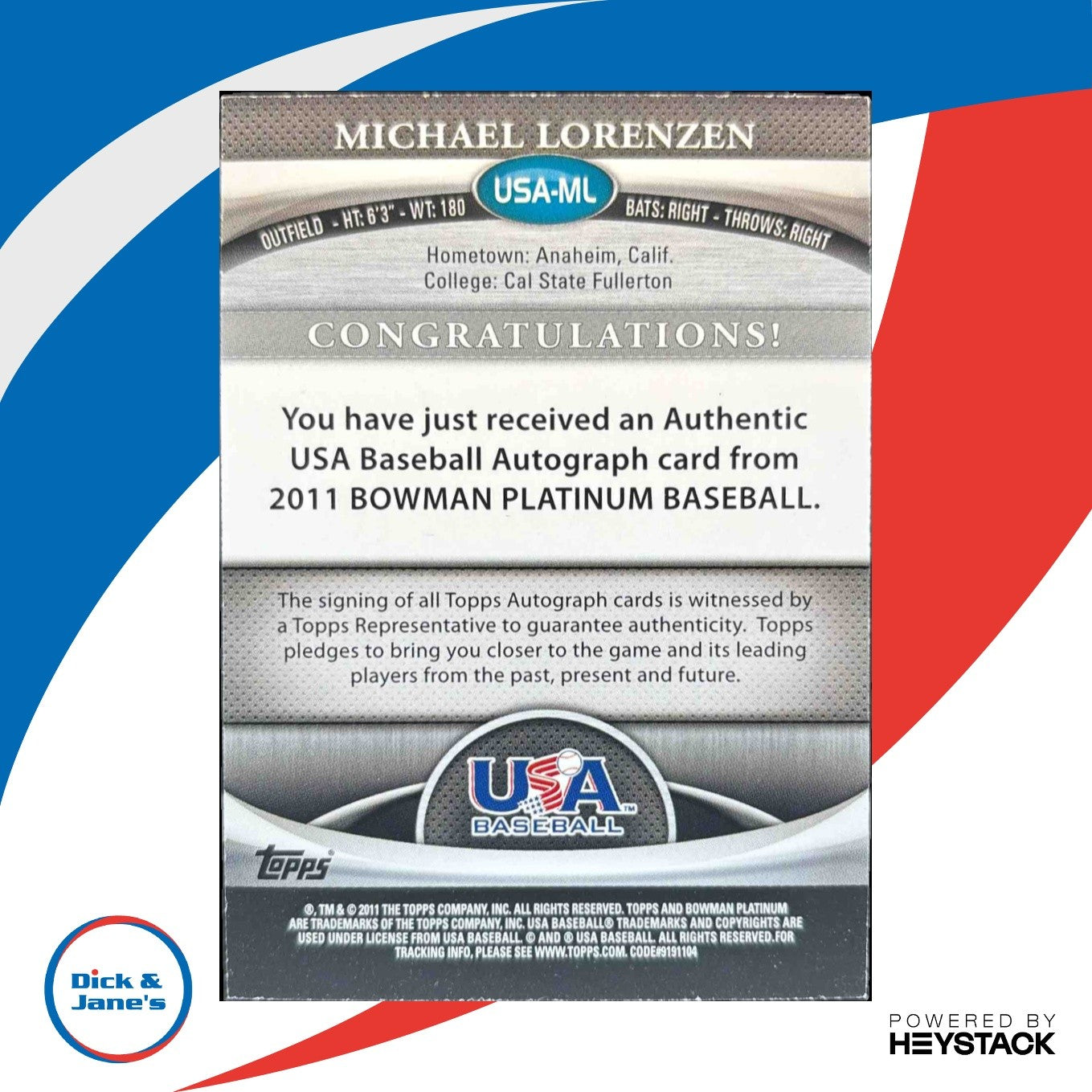 2011 Bowman Platinum Michael Lorenzen Team USA National Auto #USA-ML - Sports Cards