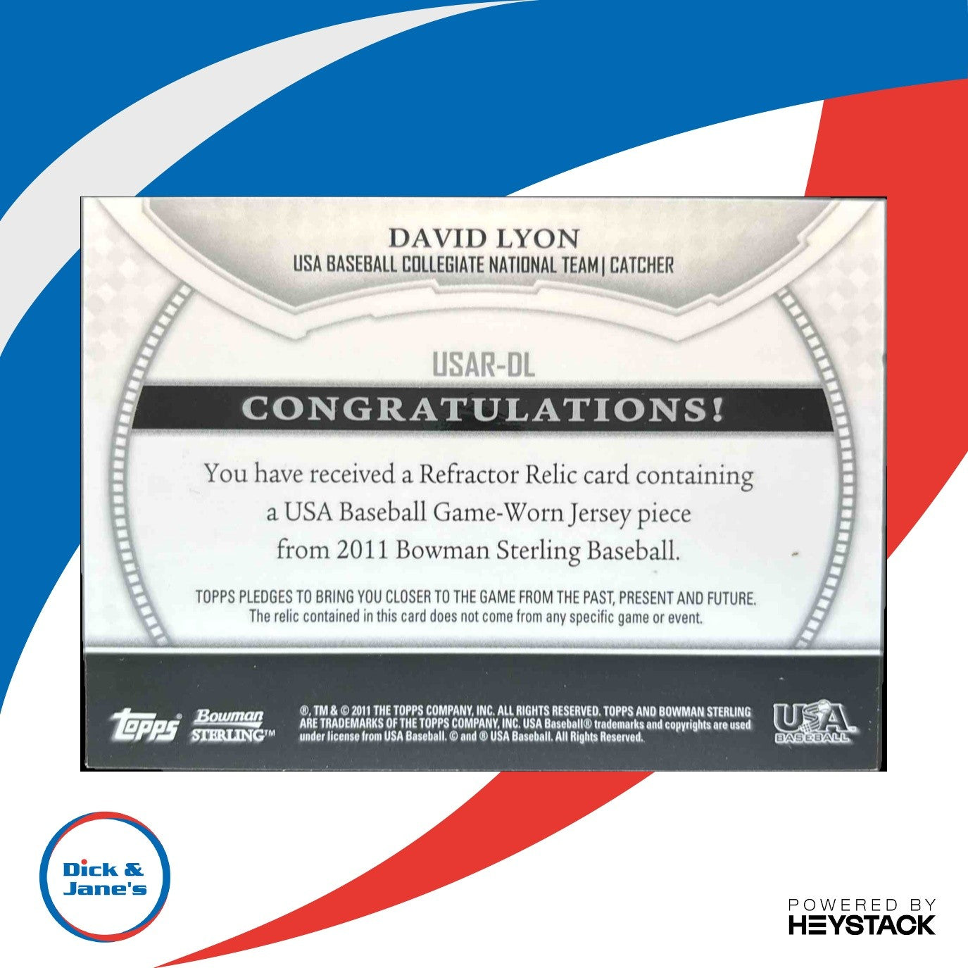 2011 Bowman Sterling David Lyon USA Baseball Relics #USAR-DL MEM - Sports Cards